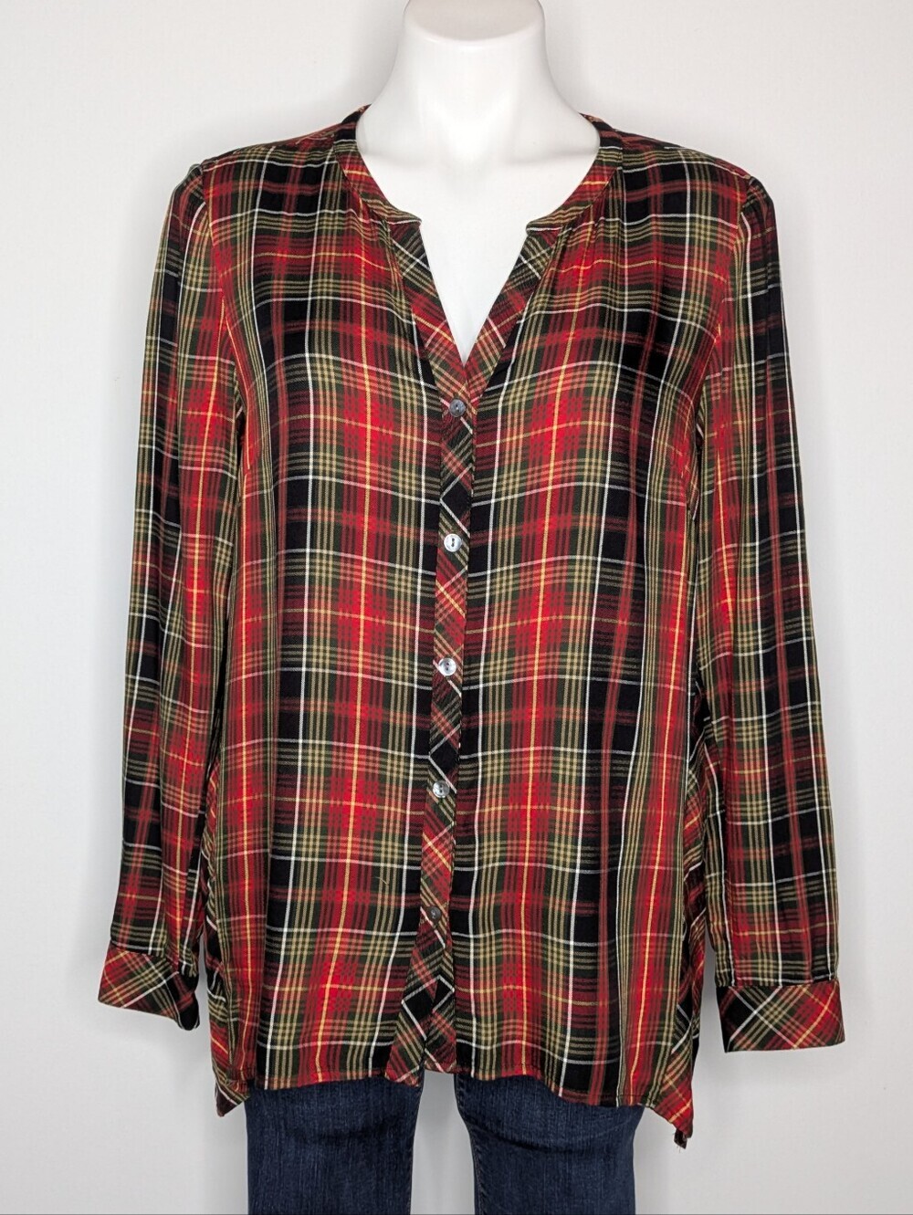 J Jill Red Black Plaid Long Sleeve Button Up Shirt S